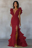 Yellow V-Neck Mermaid Ruffles Formal Dress with Slit