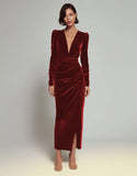 Velvet Sheath Olive V-Neck Ruched Choir Dress with slit