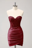 Fuchsia Sweetheart Corset Tight Cocktail Dress with Beading