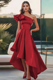 Fuchsia One Shoulder High-Low Satin A Line Formal Dress