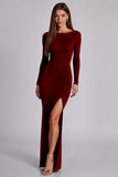 Black Jersey Long Sleeves Sheath Formal Dress with Slit