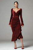 Velvet Mermaid Burgundy Long Sleeve Ruffled Midi Formal Dress