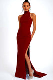 Sky Blue Halter Satin Mermaid Formal Dress with Slit