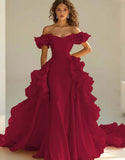 Yellow Off The Shoulder Mermaid Ruffles Satin Prom Dress