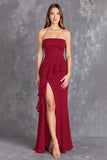 Black Strapless Ruffled Long Formal Dress with Slit