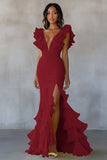 Yellow Mermaid V-Neck Tiered Long Formal Dress with Ruffled Slit