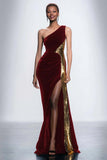 Sparkly Black One Shoulder Sheath Velvet Long Formal Dress with Sequins