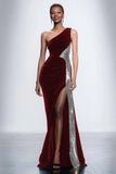 Sparkly Black One Shoulder Sheath Velvet Long Formal Dress with Sequins