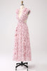 Load image into Gallery viewer, Pink Floral A-Line Deep V-Neck Pleated Backless Prom Dress