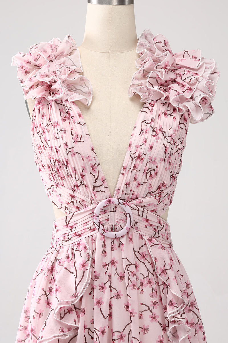 Load image into Gallery viewer, Pink Floral A-Line Deep V-Neck Pleated Backless Prom Dress