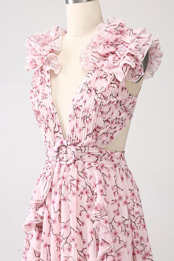 Pink Floral A-Line Deep V-Neck Pleated Backless Prom Dress