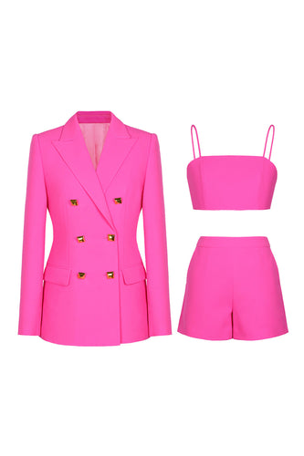 Fuchsia 3 Piece Double Breasted Women Prom Suits