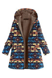 Navy Fleece Hooded Long Sleeves Printed Women Christmas Coat