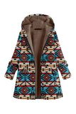 Navy Fleece Hooded Long Sleeves Printed Women Christmas Coat