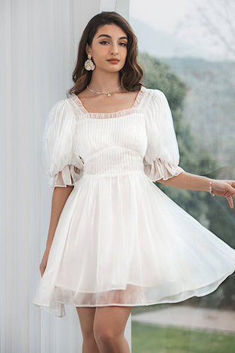 Tulle Pleated Little White Dress with Lace-up Back