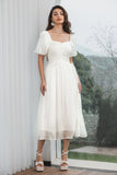 A Line Pleated Little White Dress with Puff Sleeves