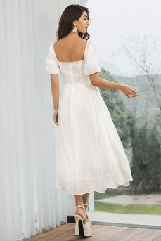 A Line Pleated Little White Dress with Puff Sleeves