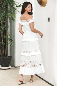 White Tiered Long Boho Engagement Party Dress with Lace