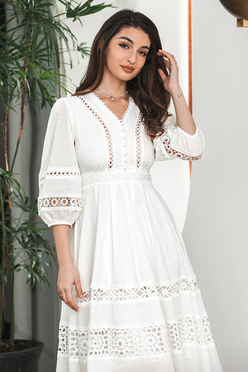 White 3/4 Sleeves Boho Engagement Party Dress with Lace