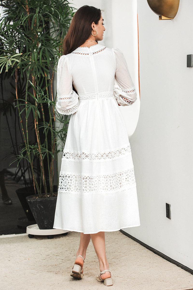 Load image into Gallery viewer, White 3/4 Sleeves Boho Engagement Party Dress with Lace