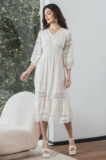 Tea-Length Lace Little White Dress with Long Sleeves