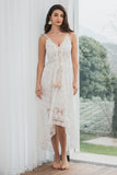 Spaghetti Straps High-Low Little White Dress with Lace