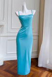 Blue Spaghetti Straps Sheath Wedding Guest Dress