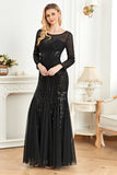 Sparkly Black Mermaid Sequins Boat Neck Choir Dress with Long Sleeves