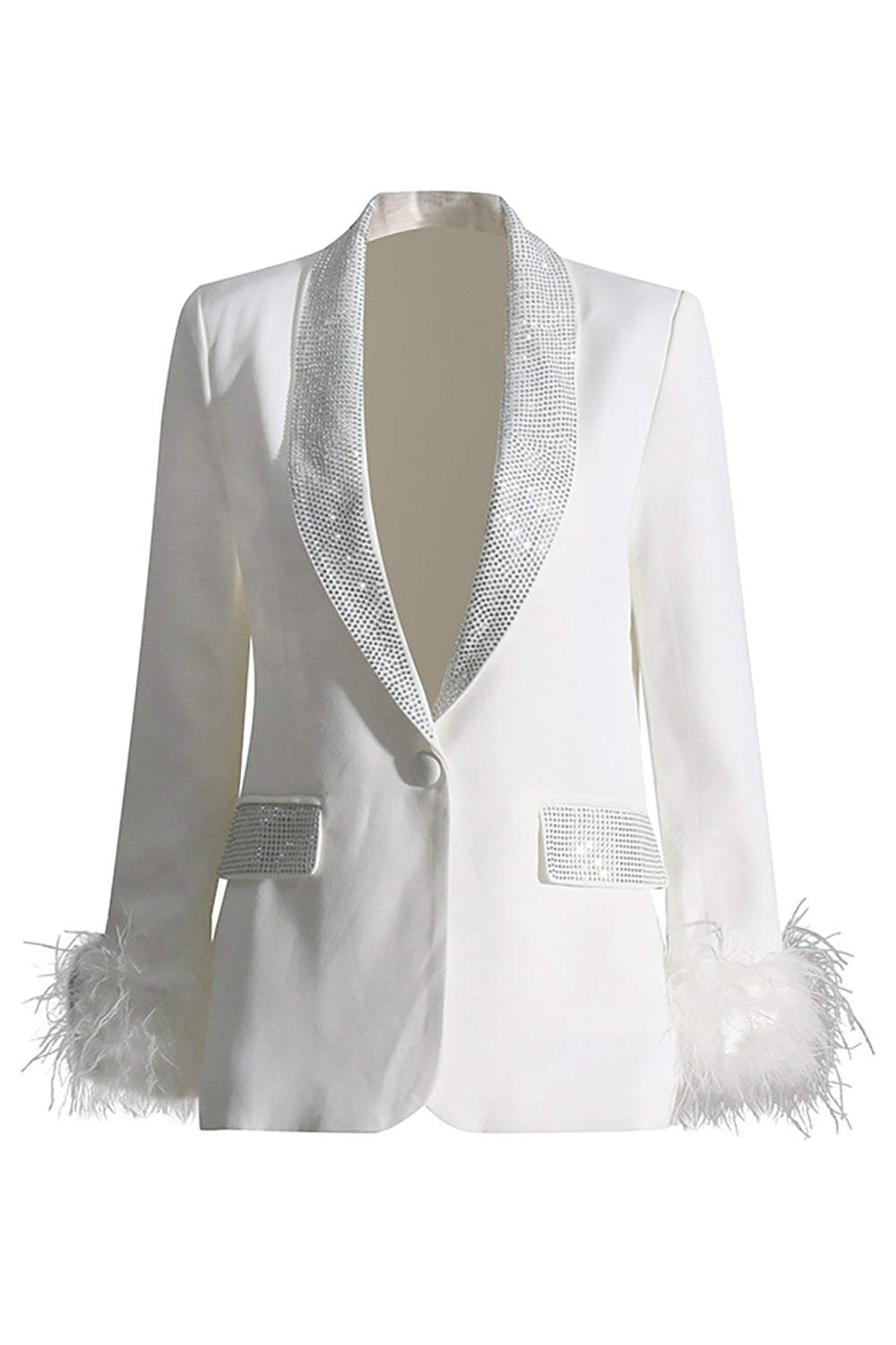 Glitter White Shawl Lapel Women Blazer with Feathers