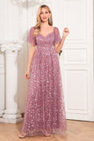 Dusty Rose A-Line V-Neck Embroidered Long Choir Dress