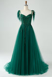 A-Line Spaghetti Straps Dark Green Prom Dress with Beading