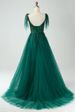 A-Line Spaghetti Straps Dark Green Prom Dress with Beading