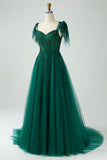 A-Line Spaghetti Straps Dark Green Prom Dress with Beading