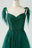 A-Line Spaghetti Straps Dark Green Prom Dress with Beading