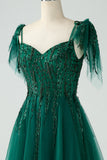 Dark Green A-Line Spaghetti Straps Tulle Long Prom Dress with Beading