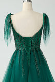 Dark Green A-Line Spaghetti Straps Tulle Long Prom Dress with Beading