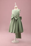 Grey Green A-Line Round Neck Satin Flower Girl Dress with Bow