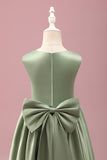 Grey Green A-Line Round Neck Satin Flower Girl Dress with Bow