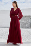 Burgundy Appliqued A Line Long Sleeves Chiffon Choir Dress