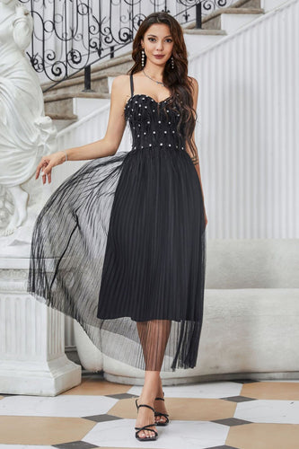 Sparkly Pleated Tulle Little Black Dress with Fringes