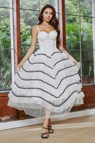 White Ruffled Tulle A-Line Engagement Party Dress