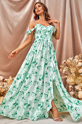 Flower Printed Green Casual Dress with Slit
