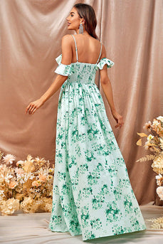 Flower Printed Green Casual Dress with Slit