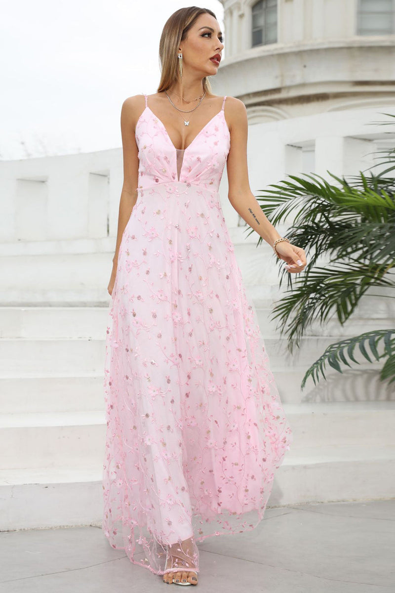 Load image into Gallery viewer, Pink Spaghetti Straps Prom Dress with Flowers