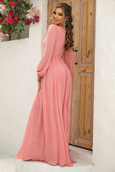 Blush A-Line Long Sleeves V Neck Long Formal Dress