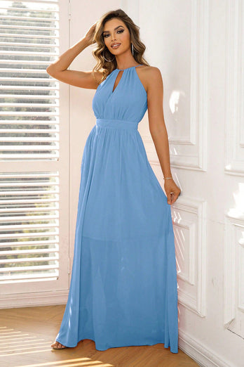 Blue A-Line Sleeveless Long Formal Dress
