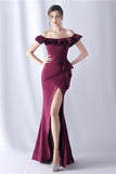 Burgundy Mermaid Off the Shoulder Long Formal Dress with Ruffles