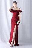 Burgundy Mermaid Off the Shoulder Long Formal Dress with Ruffles