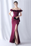 Burgundy Mermaid Off the Shoulder Long Formal Dress with Ruffles