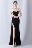 Navy Mermaid Strapless Long Corset Prom Dress with Slit